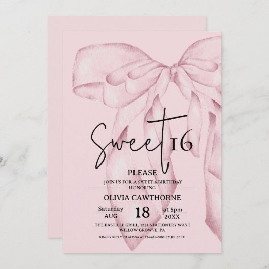Pink Bow 16th Birthday ⎮Modern Elegant Sweet 16 招待状 (正面/裏面)