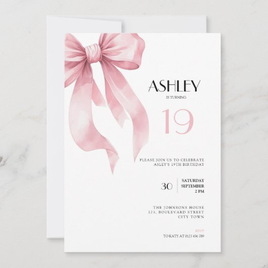 Pink Bow 19th Birthday Invitation for Girls 招待状 (正面)