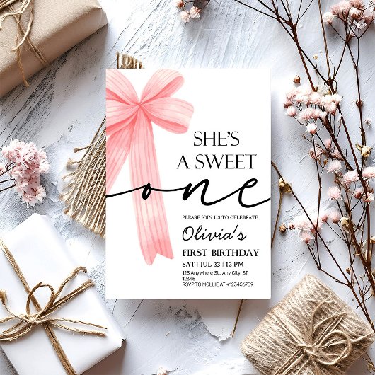 Pink Bow 1st Birthday 招待状