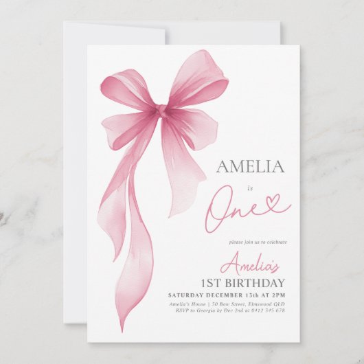 Pink Bow 1st Birthday Girl Coquette  招待状 (正面)