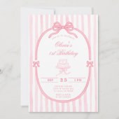 Pink Bow 1st Birthday Girl Photo Invitation 招待状 (正面)