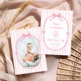 Pink Bow 1st Birthday Girl Photo Invitation 招待状