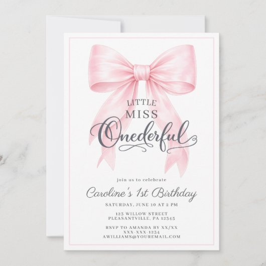 🎀 Pink Bow 1st Birthday Invitation 💕 招待状 (正面)