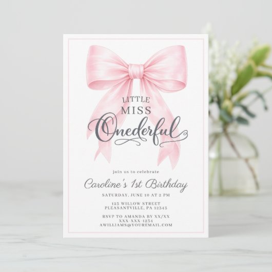 🎀 Pink Bow 1st Birthday Invitation 💕 招待状 (スタンド正面)