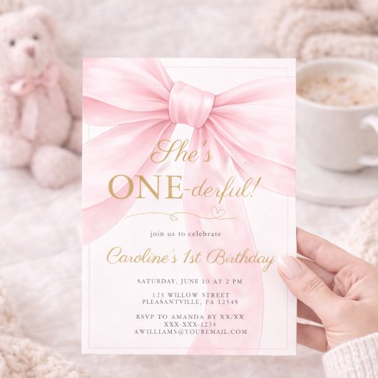 🎀 Pink Bow 1st Birthday Invitation 💕 招待状
