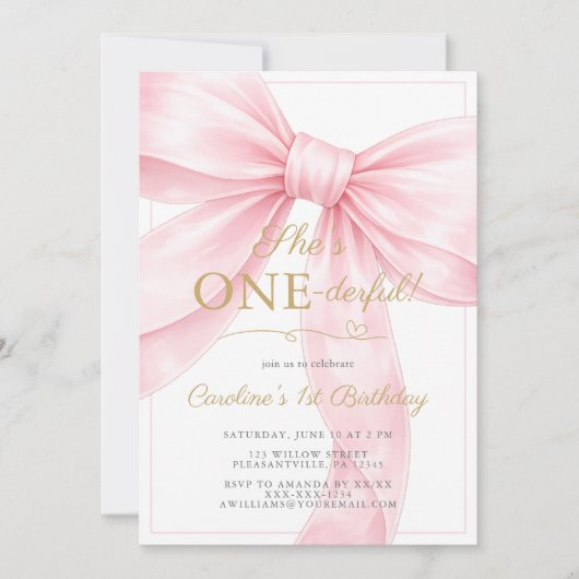 🎀 Pink Bow 1st Birthday Invitation 💕 招待状 (正面)