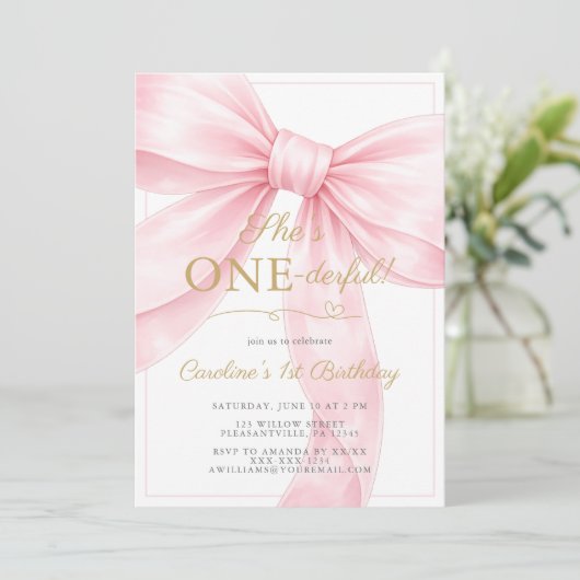 🎀 Pink Bow 1st Birthday Invitation 💕 招待状 (スタンド正面)