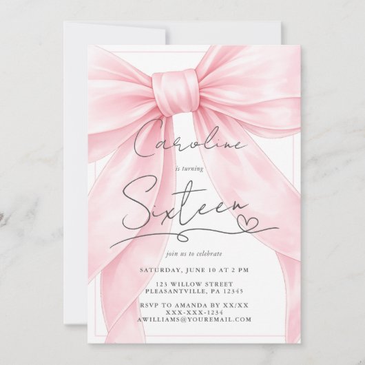 🎀 Pink Bow 1st Birthday Invitation 💕 招待状 (正面)