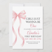 Pink Bow 1st Birthday Invitation for Baby Girl 招待状 (正面)