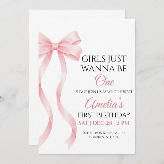 Pink Bow 1st Birthday Invitation for Baby Girl 招待状 (正面/裏面)