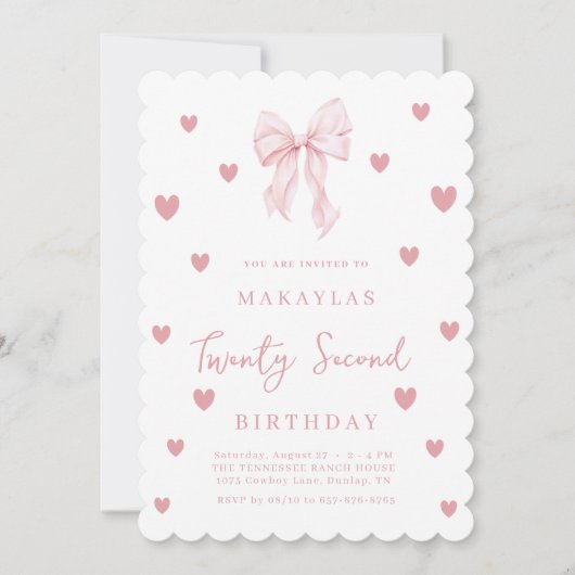 Pink Bow 22nd Heart Aesthetic Elegant Birthday 招待状 (正面)