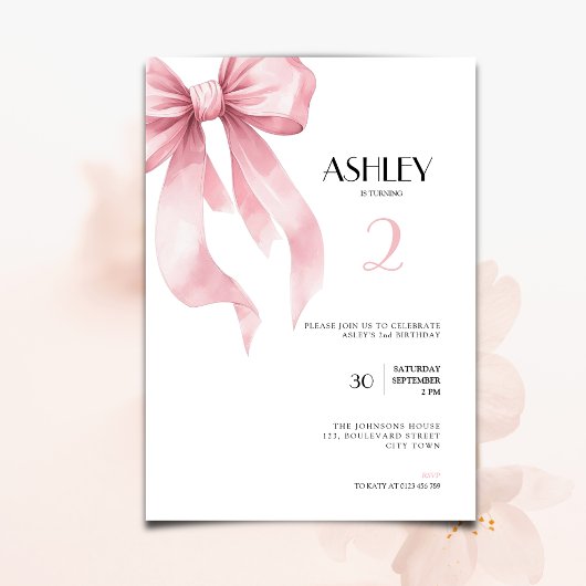Pink Bow 2nd Birthday Invitation for Girls 招待状