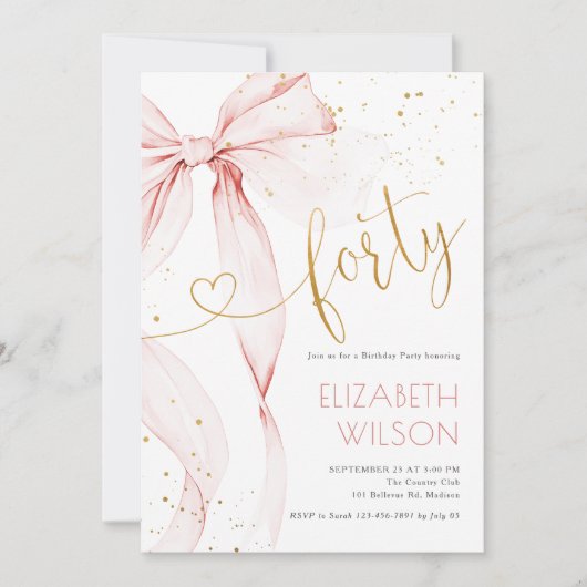 Pink Bow 40th Birthday Invitation 招待状 (正面)