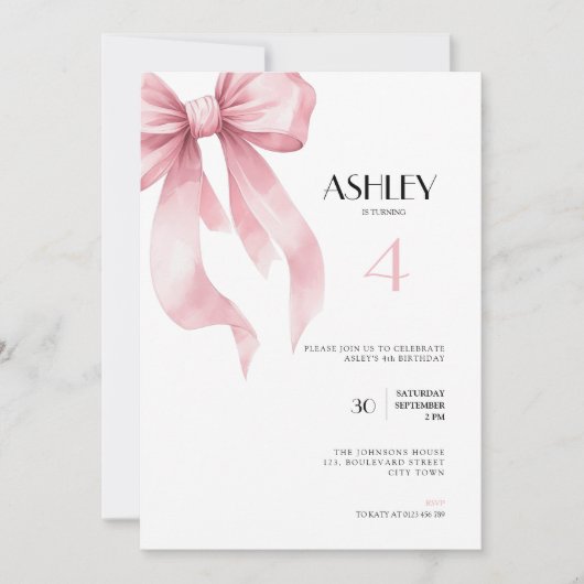 Pink Bow 4th Birthday Invitation for Girls 招待状 (正面)