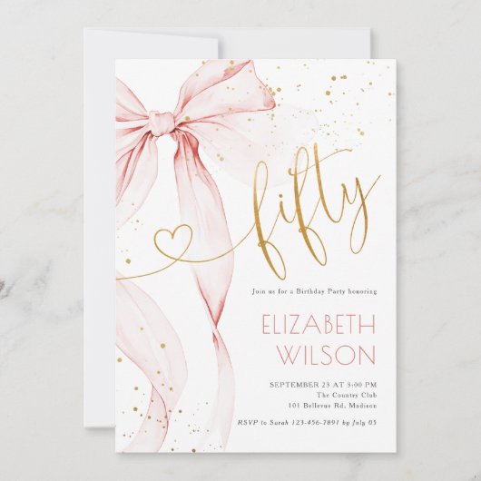 Pink Bow 50th Birthday Invitation 招待状 (正面)