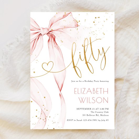 Pink Bow 50th Birthday Invitation 招待状