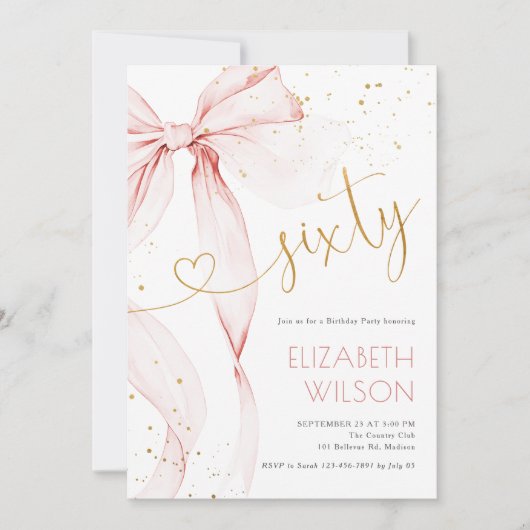 Pink Bow 60th Birthday Invitation 招待状 (正面)