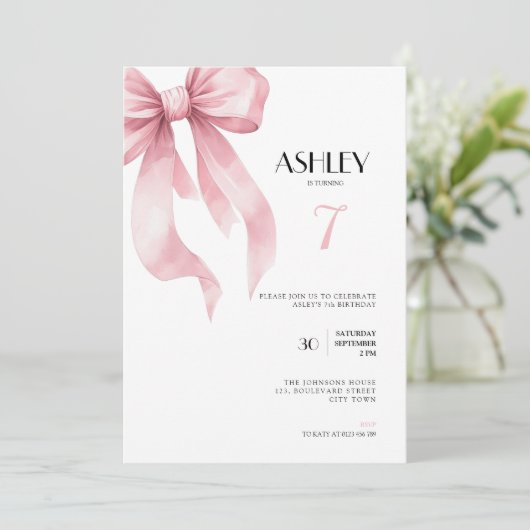 Pink Bow 7th Birthday Invitation for Girls 招待状 (スタンド正面)