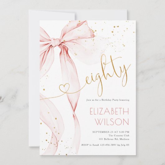 Pink Bow 80th Birthday Invitation 招待状 (正面)