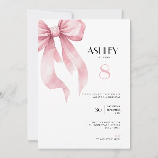 Pink Bow 8th Birthday Invitation for Girls 招待状 (正面)