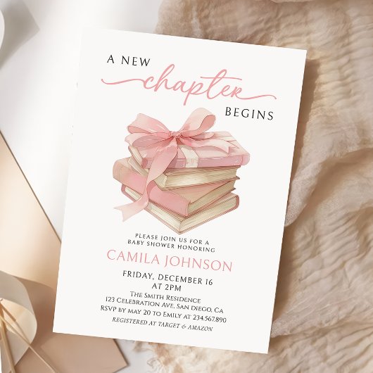 Pink Bow A New Chapter Books Baby Shower 招待状