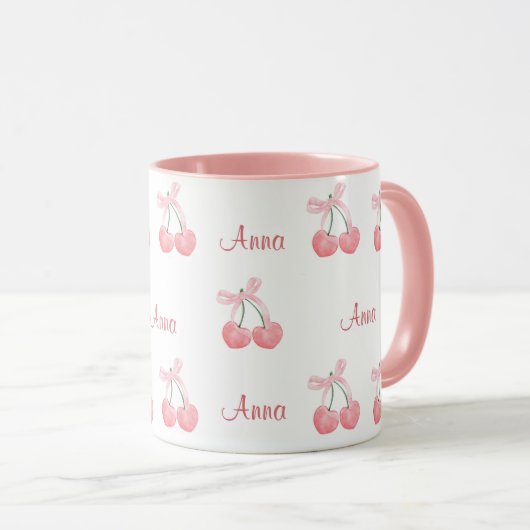 Pink Bow and Cherry Personalized Custom Girl Name マグカップ (正面右)