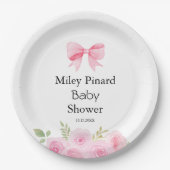 Pink Bow and Floral Baby Shower ペーパープレート (正面)