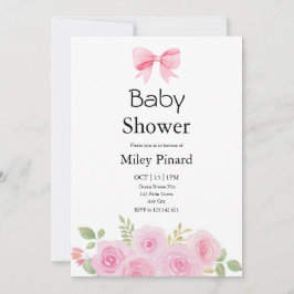 Pink Bow and Floral Baby Shower Invitation 招待状