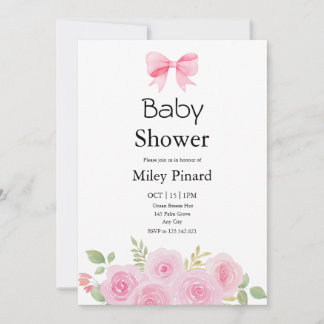 Pink Bow and Floral Baby Shower Invitation 招待状