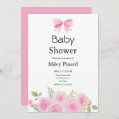 Pink Bow and Floral Baby Shower Invitation 招待状 (正面/裏面)