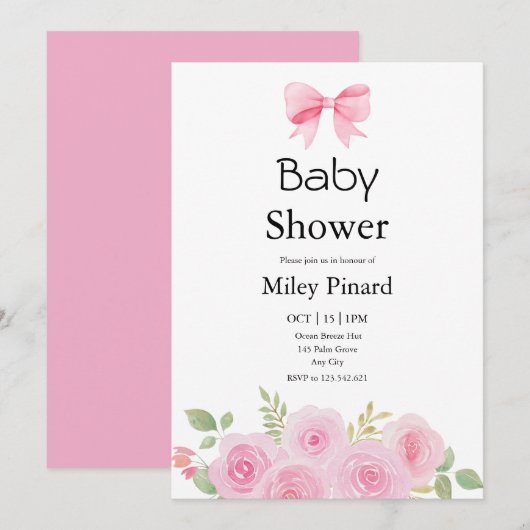 Pink Bow and Floral Baby Shower Invitation 招待状 (正面/裏面)