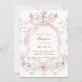 pink bow and flowers frame Baptism girl 招待状 (正面)