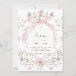 pink bow and flowers frame Baptism girl 招待状