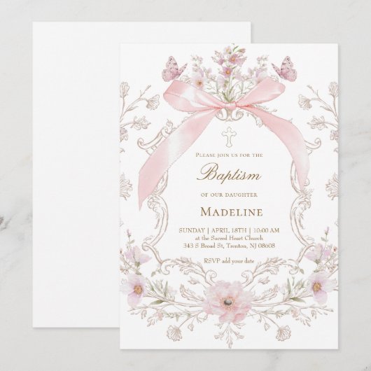 pink bow and flowers frame Baptism girl 招待状 (正面/裏面)