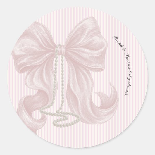 Pink Bow and Stripes Baby Shower  ラウンドシール (正面)
