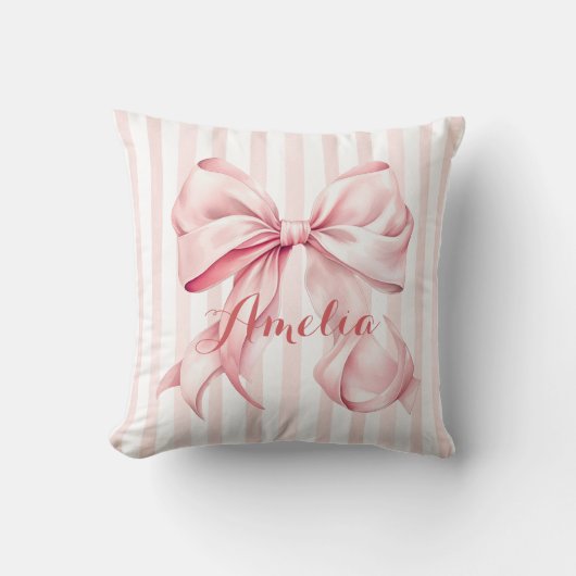 Pink Bow and Stripes Personalized クッション (正面)