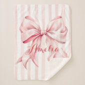 Pink Bow and Stripes Personalized シェルパブランケット (正面)
