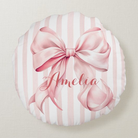 Pink Bow and Stripes Personalized ラウンドクッション (裏面)