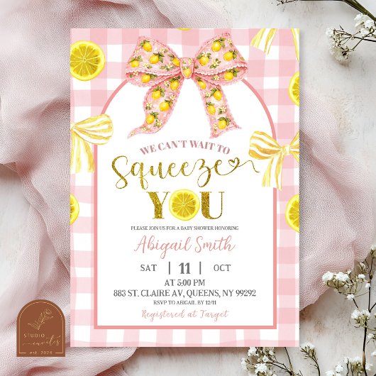 Pink Bow and Yellow Lemon Baby Shower Invitation 招待状