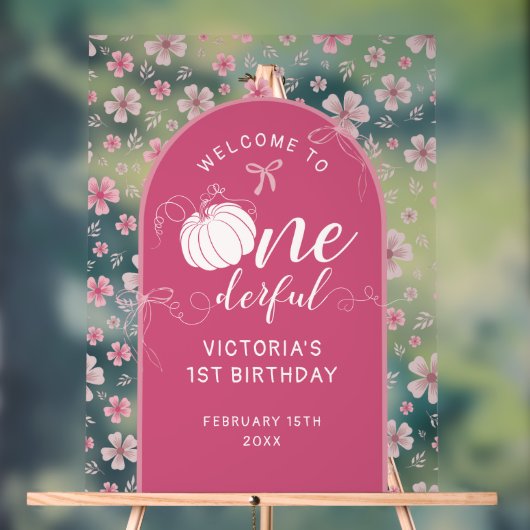 PINK BOW & ARCH FALL PUMPKIN FLOWERS BIRTHDAY アクリルサイン (ニュートラル)