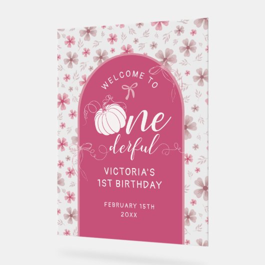 PINK BOW & ARCH FALL PUMPKIN FLOWERS BIRTHDAY アクリルサイン (傾斜)