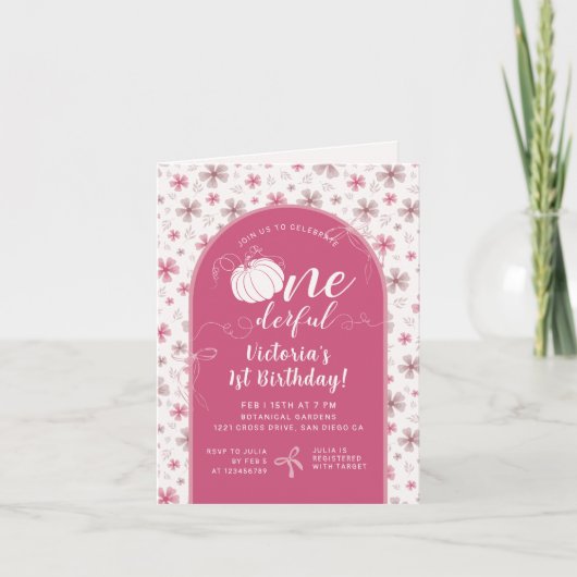 PINK BOW & ARCH FALL PUMPKIN FLOWERS BIRTHDAY 招待状 (正面)