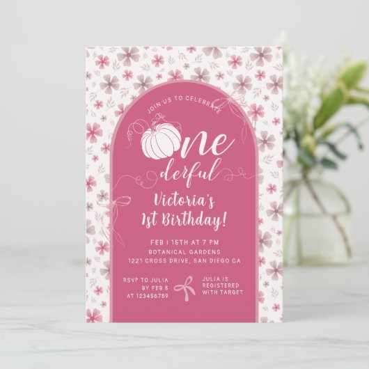 PINK BOW & ARCH FALL PUMPKIN FLOWERS BIRTHDAY 招待状 (スタンド正面)