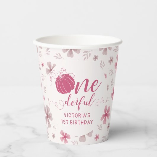 PINK BOW & ARCH FALL PUMPKIN FLOWERS BIRTHDAY 紙コップ (正面)