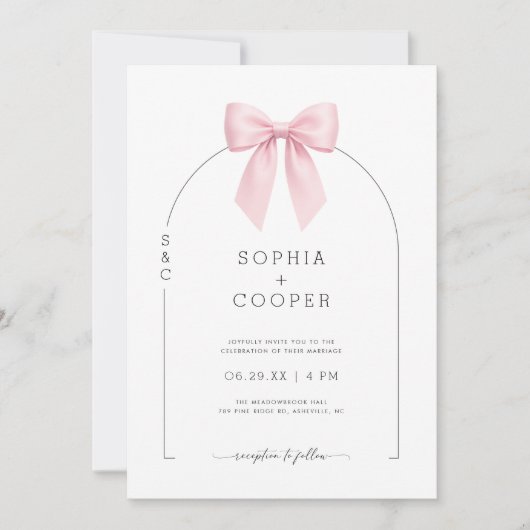 Pink Bow Arch Modern Serif Wedding Invitation 招待状 (正面)