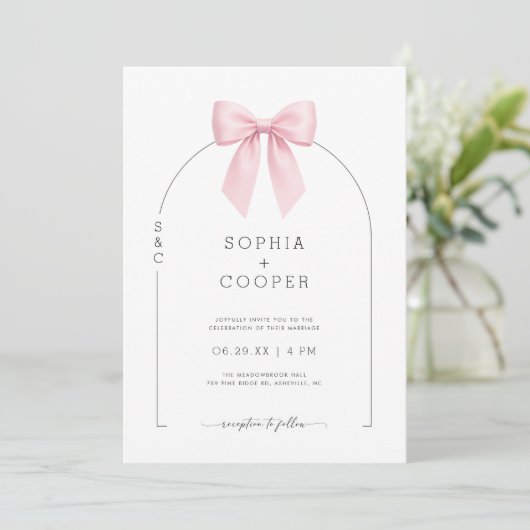 Pink Bow Arch Modern Serif Wedding Invitation 招待状 (スタンド正面)