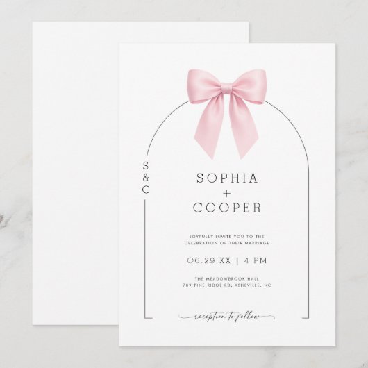 Pink Bow Arch Modern Serif Wedding Invitation 招待状 (正面/裏面)