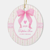 Pink Bow Baby 1st Christmas Coquette Floral Photo セラミックオーナメント (左)