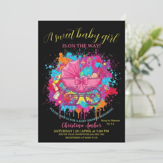 Pink Bow Baby Carriage Girl Baby Shower Invitation 招待状 (スタンド正面)