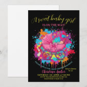 Pink Bow Baby Carriage Girl Baby Shower Invitation 招待状 (正面/裏面)